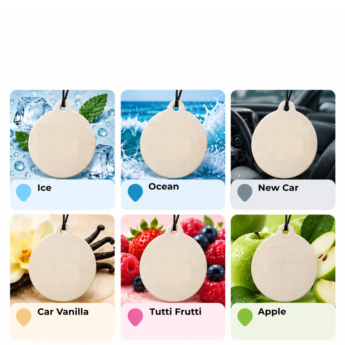 Seis aromas disponibles: Ice, Ocean, New Car, Car Vanilla, Tutti Frutti y Apple