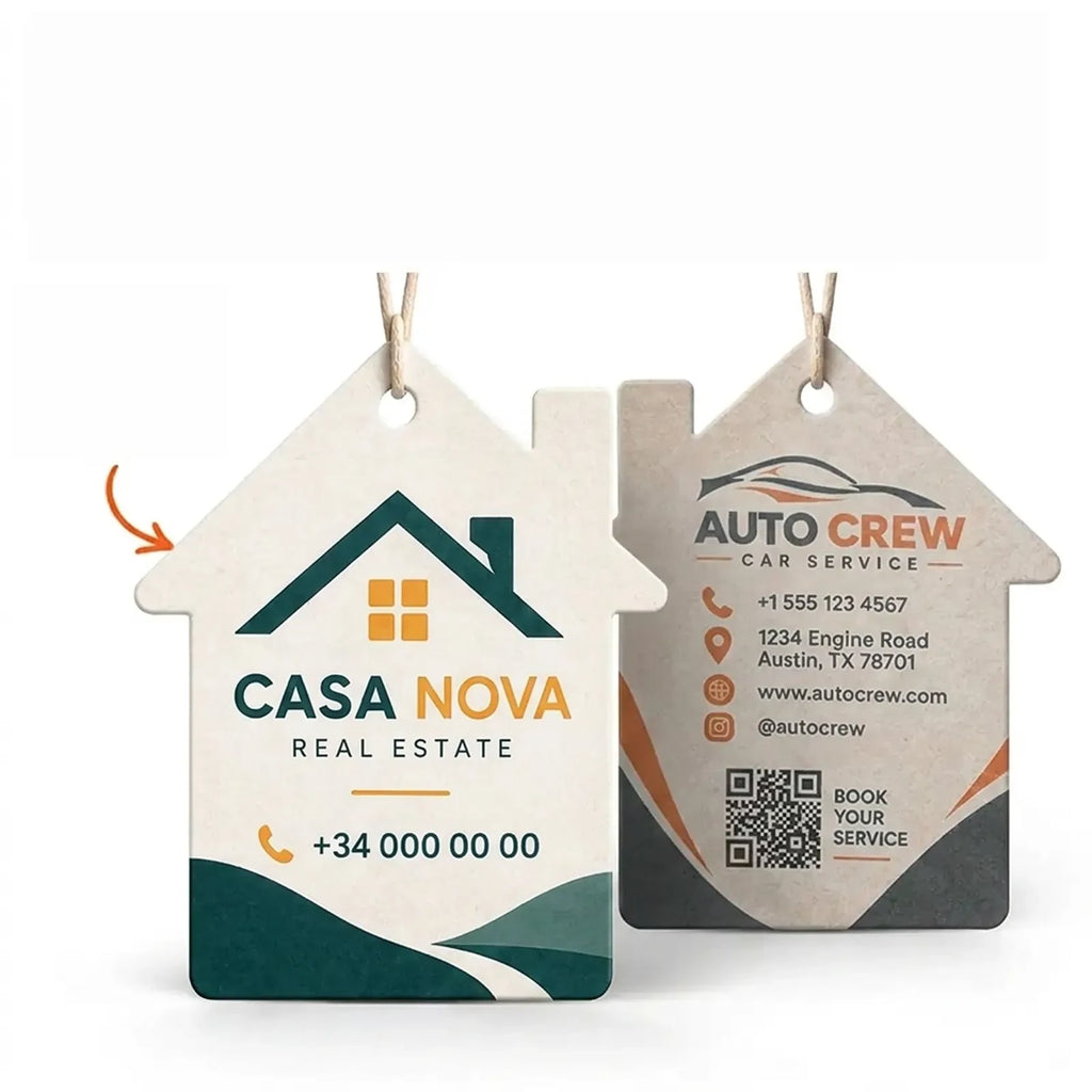 Ambientadores de coche personalizados con forma de casa, impresos a doble cara con su logotipo