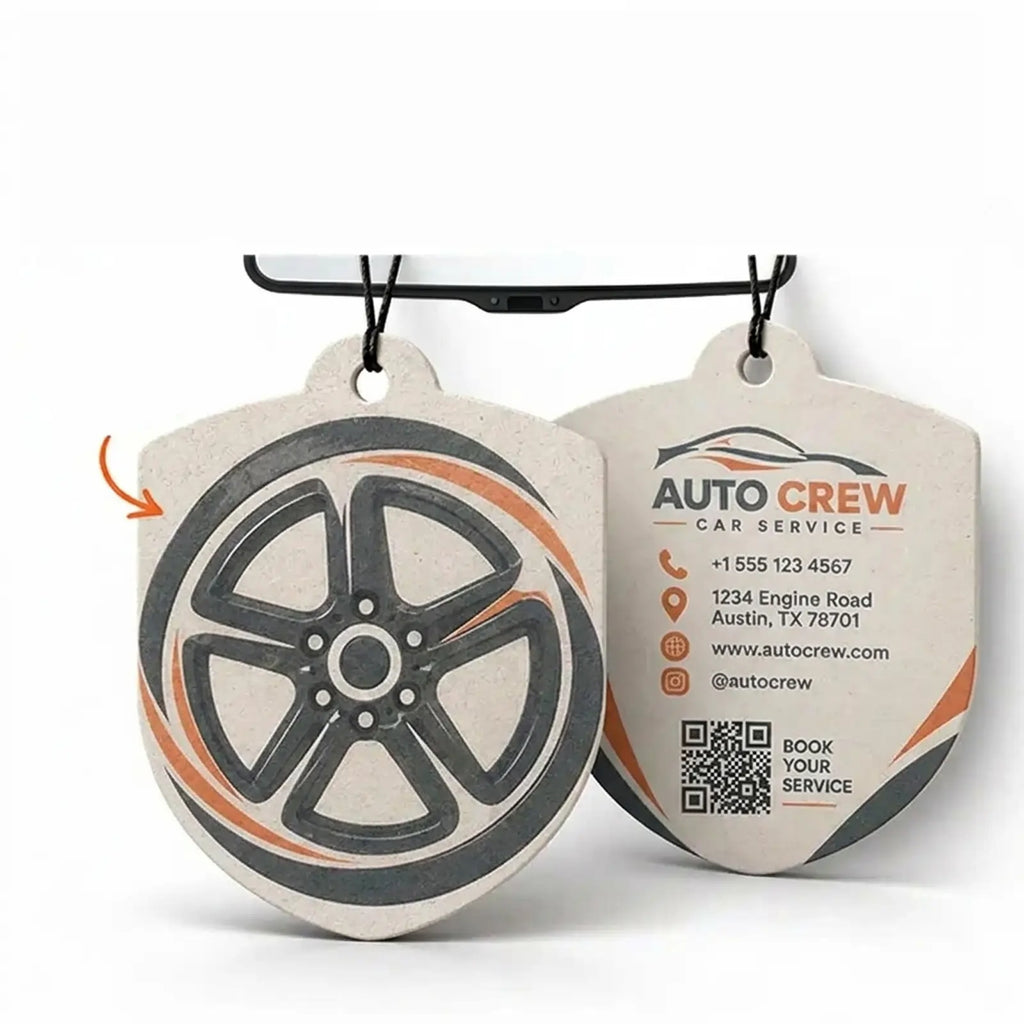 Ambientadores de coche personalizados con forma de escudo, impresos a doble cara con su logotipo