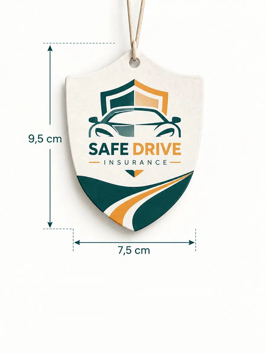 Ambientador personalizado con forma de escudo, 9,5 × 7,5 cm